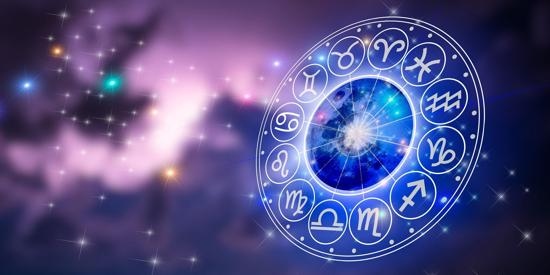 Zodiac Signs Inside Of Horoscope Circle. Astrology In The Sky With Many Stars And Moons Astrology And Horoscopes Concept